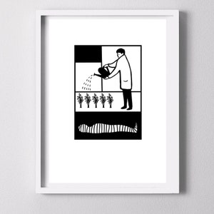 May include: Black and white framed art print. The illustration depicts a person watering plants in a window, with a striped figure below. The artwork is minimalist and graphic, with a modern aesthetic.