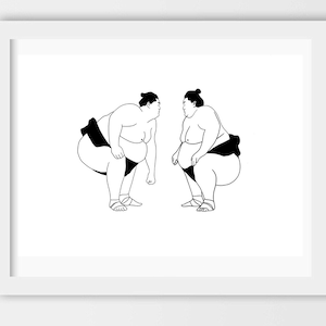 Könnte beinhalten: Eine Schwarzweiß-Zeichnung von zwei Sumo-Ringer, die sich gegenüberstehen. Die Ringer stehen in Kampfstellung, mit gebeugten Beinen und erhobenen Armen.