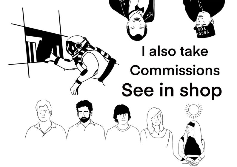 May include: Black and white line art illustration featuring an astronaut, several people, and text that reads "I also take Commissions See in shop". The astronaut is interacting with a geometric shape.