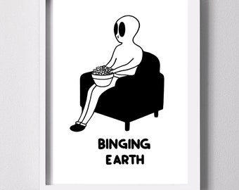 Alien Illustration Print | Binge Art | Funny Print | Quirky Print | Alien Poster | UFO Wall Art | Minimalist Print | Binge | Popcorn |