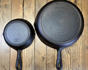 BSR #3 and #7 Birmingham Stove & Range Century Series Cast Iron Skillets, Set of 2, Restored, Sit Flat
