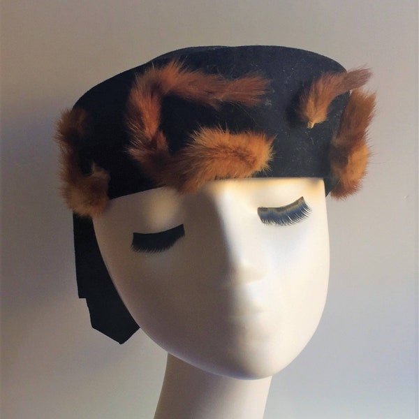 1940 unique pillbox black wool brown mink hat.Fifth Avenue ,Henry Pollak Creations ,black drape ribbons in back,one size fits all