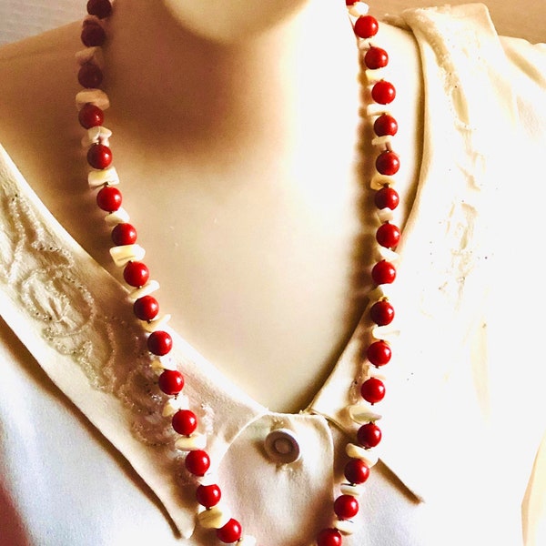 SPRING SALE  70s Miriam Haskell one strand long necklace. Burnt red beads with alternating white mother of pearl pieces. Signed