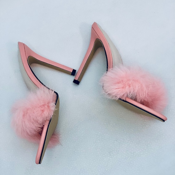 Womens sexy pink cotton candy fluffy bedroom, boudoir high heel pointy open toe slippers. Valentine, bride or special occasion size 9