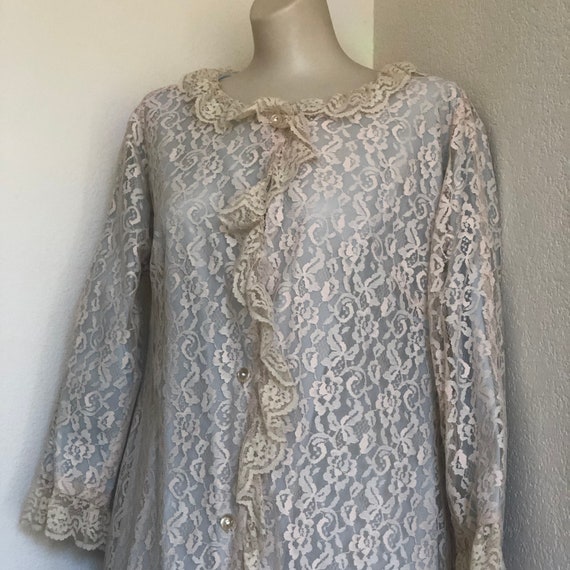 1960’s Mid century feminine long button down robe, nighttime wear,Lounge Craft soft blue with beige lace gown