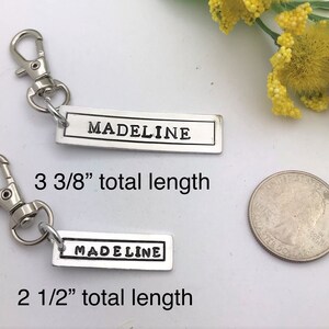 Zipper pull name tag, back pack, name tag zipper pull, key fob, purse charm, personalized accessories, purse zipper pull