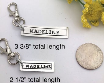 Zipper pull name tag, back pack, name tag zipper pull, key fob, purse charm, personalized accessories, purse zipper pull