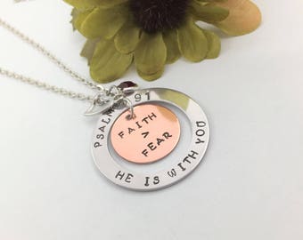 Hand stamped quote, Christian, faith, mixed metal necklace, hand stamped pendant, custom pendant, hand stamped necklace, Faith is greater