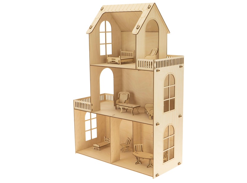 Wooden Dollhouse With Furniture DIY Doll House 3D Dollhouse Etsy