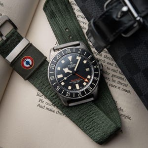 May include: A Tudor Pelagos GMT wristwatch with a black dial, luminous hour markers, and a rotating 24-hour bezel. The watch features a matte titanium case and is attached to a green fabric strap with a circular anchor emblem and metal buckle.
