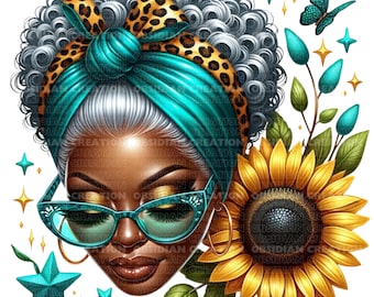 Afro Messy Bun PNG Image | Sunflower Messy Bun | Sunflower for Women | SunflowerDigital Art | Messy Bun Png | Black Woman Png | Gray Hair