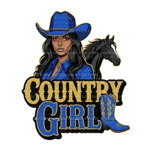 Country Girl PNG Clipart – Blue Glitter Western Diva & Horse Graphic | Black Cowgirl | Western Cowgirl | Black Women PNG File | Country Diva