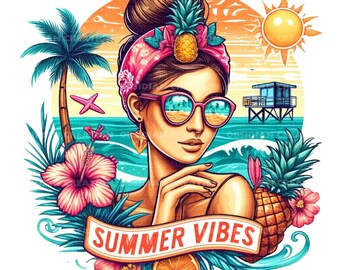 Vibrant Summer Vibe, Vacation, Beach PNG Images | Perfect for T-Shirts, Mugs, Sublimation, etc.| Women Clipart | Cruise Gift Ideas