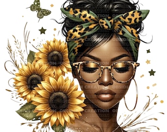 Afro Messy Bun | Sunflower Messy Bun | Sunflower for Women | SunflowerDigital Art | Messy Bun Svg Png | Black Woman Png |