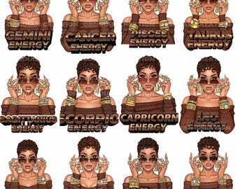 Zodiac Diva PNG Bundle | 12 Glamorous Zodiac Signs Diva Clipart | Instant Download | Clip Art Bundle | Black Women PNG Files | Brown Edition
