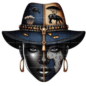 May include: A digital art piece featuring a woman's face bisected by a zipper. One side is black, the other denim-textured with an African continent map. A denim hat with African wildlife and gold accents completes the design.