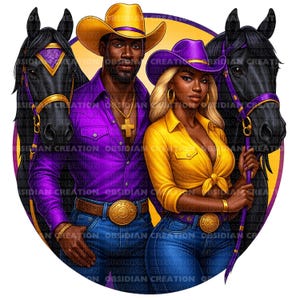 Casal de cowboys e cowgirls do oeste PNG – Trail Ride Digital Download – Clipart de casal ocidental afro-americano – Rodeio roxo e dourado PNG