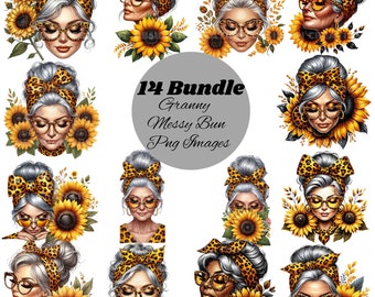Caucasian Granny Messy Bun PNG Bundle | Sunflower Messy Bun | Sunflower for Women | SunflowerDigital Art | Messy Bun Png | Messy Bun Bundle
