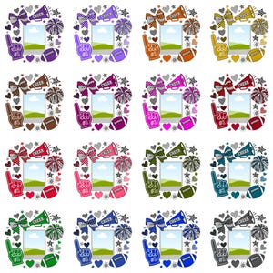 May include: A collection of photo frames with a sports theme. Each frame is decorated with a foam finger, football, pom-poms, bows, hearts, and a megaphone that says "CHEER". The frames are in various colors, including purple, orange, and green.