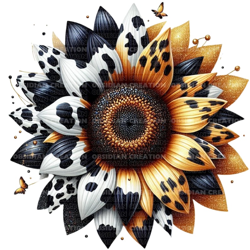 May include: A large sunflower with black, white, and gold petals. The petals have a cow print, leopard print, and solid black and gold patterns. The sunflower is on a white background.