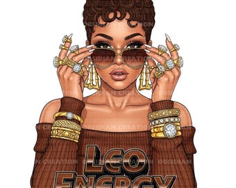 Leo Energy PNG | Chic Zodiac Diva Clipart | Instant Download | Black Woman Png | Zodiac Clipart | Black girl clipart | African girl art