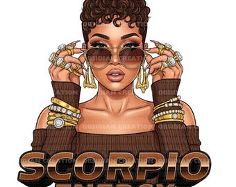 Energía de Escorpio PNG / Diva del Zodiaco Chic Clipart / Descarga instantánea / Mujer negra Png / Clipart del Zodiaco / Clipart de niña negra / Arte de niña africana