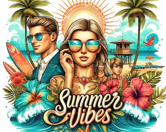 Vibrant Summer Vibe, Vacation, Beach PNG Images | Perfect for T-Shirts, Mugs, Sublimation, etc.| Women Clipart | Family Cruise PNG Image