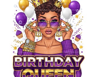 Purple Birthday Queen PNG | Boss Lady Birthday Queen | Glamorous Party Diva Clipart | Black Girl Magic | Instant Download | Black Queen