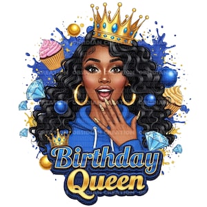 Opgewonden verjaardagskoningin, png PNGEgg | Boss Lady Verjaardagskoningin | Glamoureuze feestdiva-clipart | Zwarte meid magie | Direct downloaden | Black Queen