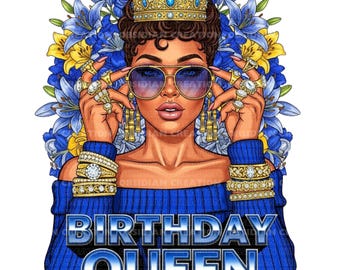 Blue Birthday Queen PNG | Boss Lady Birthday Queen | Glamorous Party Diva Clipart | Black Girl Magic | Instant Download | Black Queen