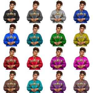 Könnte beinhalten: Eine Sammlung von sechzehn Sweatshirts in verschiedenen Farben, jeweils mit einer Grafik einer Person und dem Text "LOCKED IN" in fetter Schrift. Die Sweatshirts sind in den Farbtönen Schwarz, Grau, Blau, Grün, Rot und Lila gehalten.