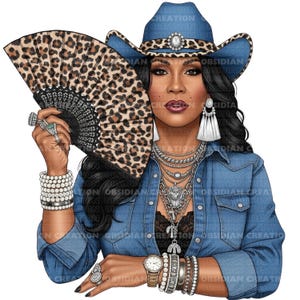 Western Glam Cowgirl Diva PNG Clipart – African American Denim & Leopard Print Fan | Black Cowgirl | Denim Cowgirl | Black Women PNG File