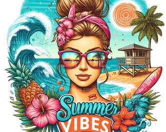 Vibrant Summer Vibe, Vacation, Beach PNG Images | Perfect for T-Shirts, Mugs, Sublimation, etc.| Women Clipart | Cruise Gift Ideas