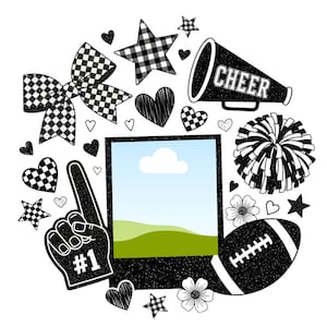 May include: Black and white illustration with a cheerleading theme. Includes a megaphone with "CHEER" text, a football, a foam finger, hearts, stars, a bow, a pom-pom, and a photo frame with a landscape scene.