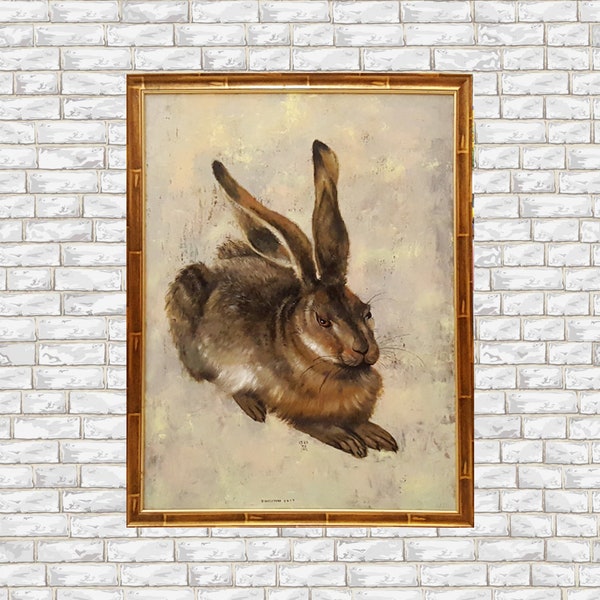 Hare oil painting, Hare painting original, Large animal canvas art framed, Durer hare artwork, Wildlife oil painting, Woodland painting