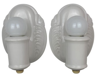 Pair of Art Deco Wall Sconces Original White Porcelain Streamline Modern Modernist Bathroom Fixture Vintage Period Lighting Antique Vintage