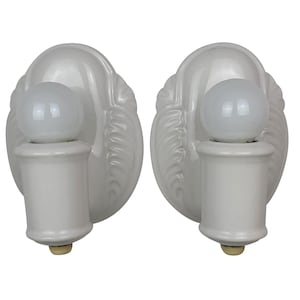 Pair of Art Deco Wall Sconces Original White Porcelain Streamline Modern Modernist Bathroom Fixture Vintage Period Lighting Antique Vintage