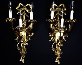 Free Shipping USA & Canada - Vintage French Pair XL 23&quot; Wall Sconces 3 Arms Brass Ornate Wall Light Luxury Elegant Baroque Rococo Victorian