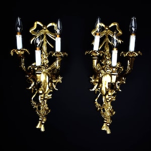 Free Shipping USA & Canada - Vintage French Pair XL 23&quot; Wall Sconces 3 Arms Brass Ornate Wall Light Luxury Elegant Baroque Rococo Victorian