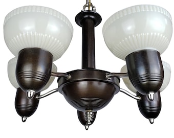 Art Deco Streamline Custard Cup Glass Antique Ceiling Fixture Chandelier Lighting Farmhouse Midcentury Modern MCM Vintage Light Slip Shade