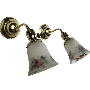 Pair of Victorian Wall Sconces with Handpainted Roses Glass Shades Antique Fixture Period Lighting Edwardian Brass Wall Light Vintage
