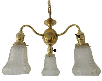 Antique Lighting Late Victorian Ceiling Fixture with 3 Arms Period Lighting Edwardian Chandelier 1910s Vintage Light Pendant