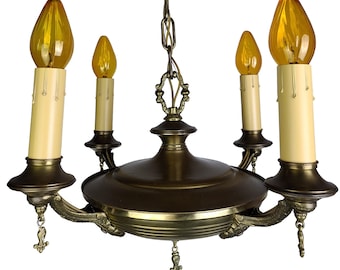 Antique Lighting Edwardian Chandelier with 4 Arms Brass Ceiling Fixture Victorian Vintage Light 1910 1920 Art Nouveau Cottage Bungalow