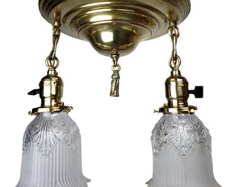 Edwardian Aladdin Pan Fixture 2 Glass Shades Antique Ceiling Fixture Brass Victorian Chandelier Lighting Pendant Deco Vintage Art Nouveau
