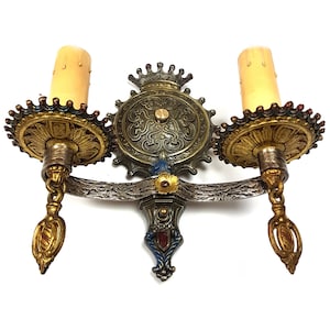 Pair of Tudor Polychrome Wall Sconces Hand Hammered Ornate Bronze Hand Painted Antique Fixture Wall Light Gothic Revival Castle Medieval