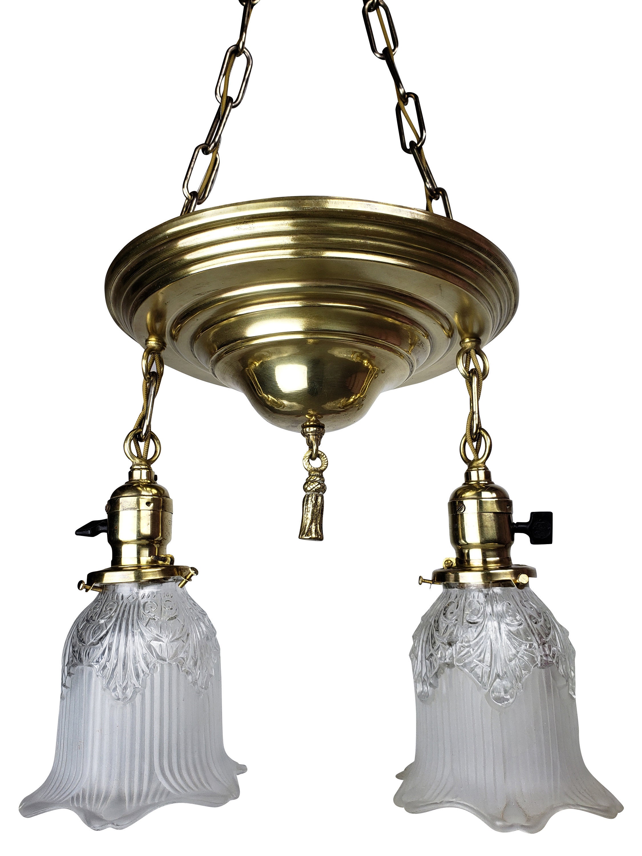 Antique 1910 White Metal and Textured Glass Shade Rewired on Braided Cord