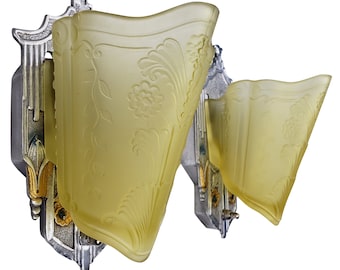 1 of 3 Pairs - Art Deco Slip Shade Wall Sconces Consolidated Glass Polychrome Aluminium Period Lighting Antique Wall Fixture Vintage Lights