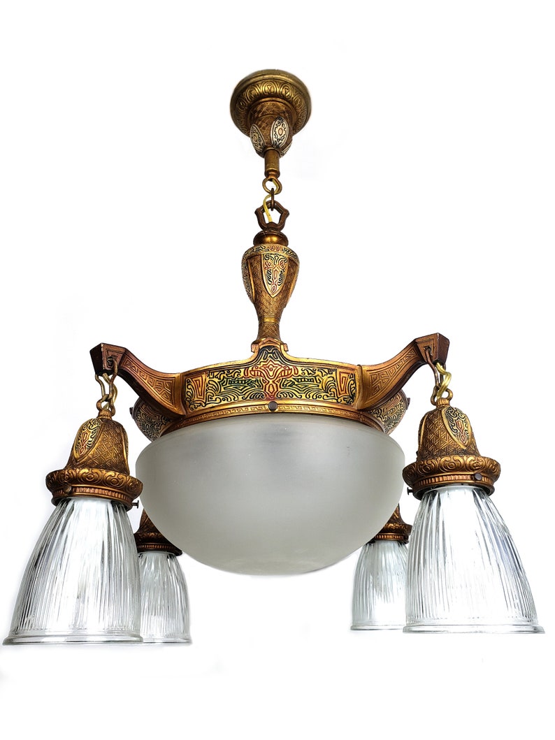 Art Nouveau Egyptian Revival Antique Ceiling Lighting Fixture Arabesque Cast Iron Bronze Polychrome Chandelier Period Deco