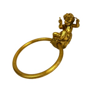 Vintage Cherub Brass Towel Ring Bathroom Hollywood Regency Maximalist Accessories Gold