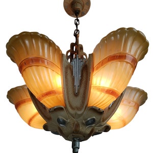 1 of 4 - Art Deco 5 Slip Shade Ceiling Fixture by Markel Chandelier Antique Original Finish Pendant Light Vintage Period Lighting